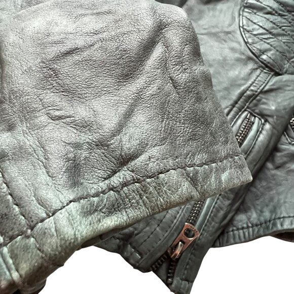 Lucky Brand motorcycle jacket distressed blue-gray lamb leather XS biker - Picture 5 of 7